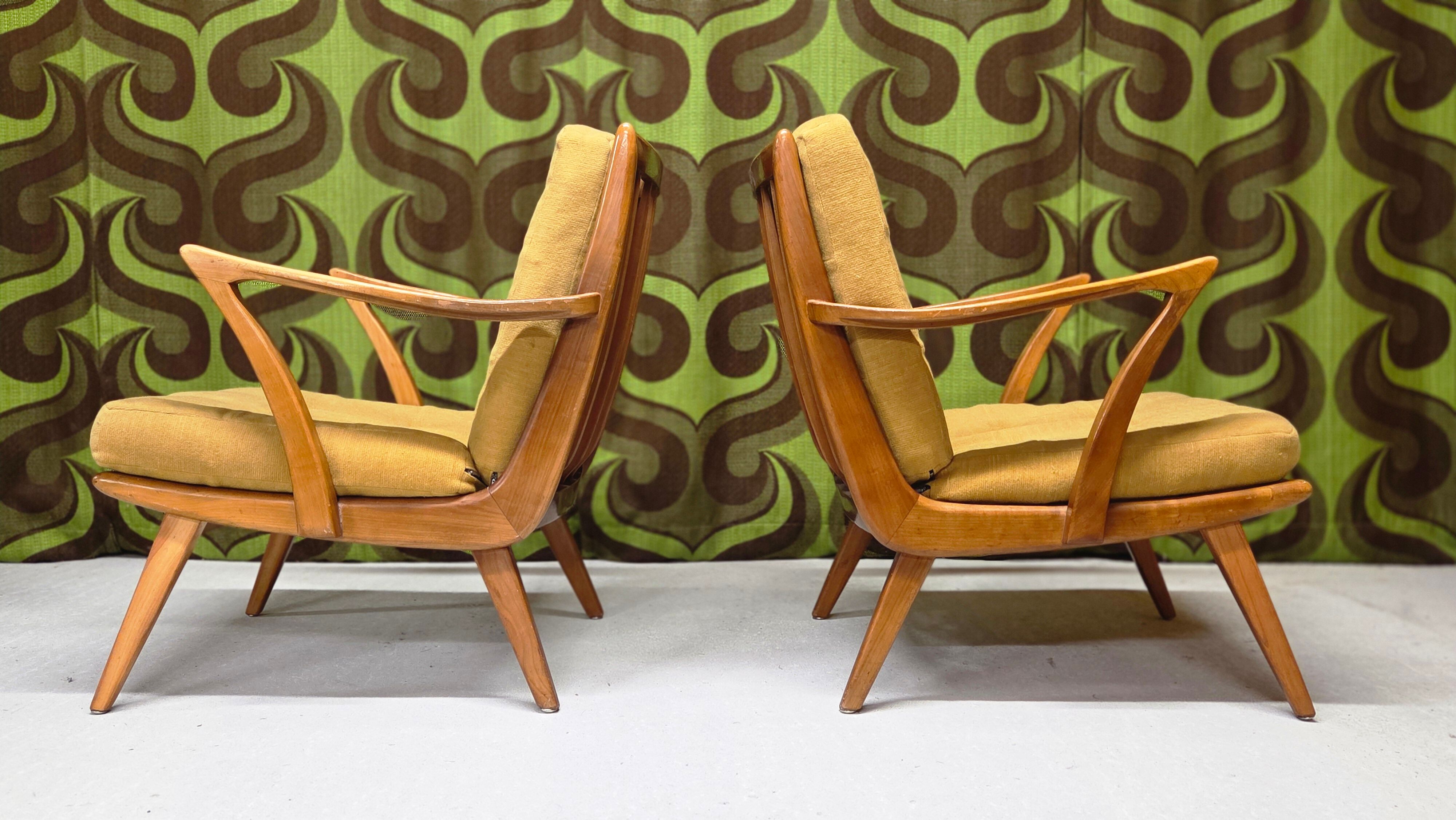 Pair of vintage Scandinavian armchairs 1960 curved beech