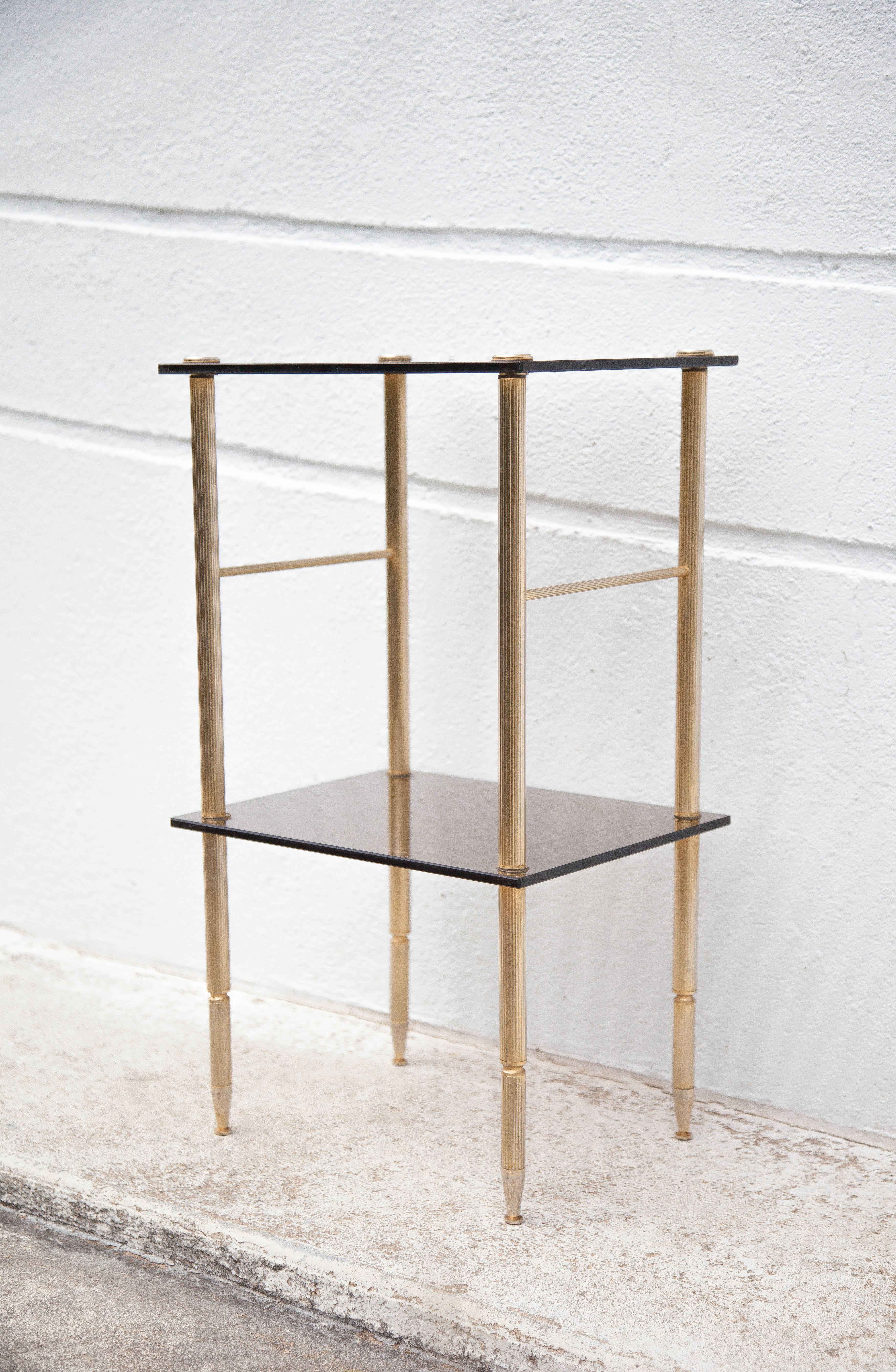 Vintage brass and smoked glass side table, pedestal table, bedside table, end table