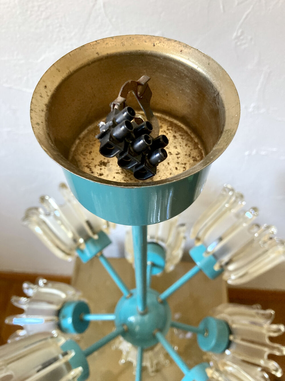 Turquoise glass and metal chandelier with 9 lights, Leclaire & Schäfer, 1960