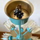 Turquoise glass and metal chandelier with 9 lights, Leclaire & Schäfer, 1960