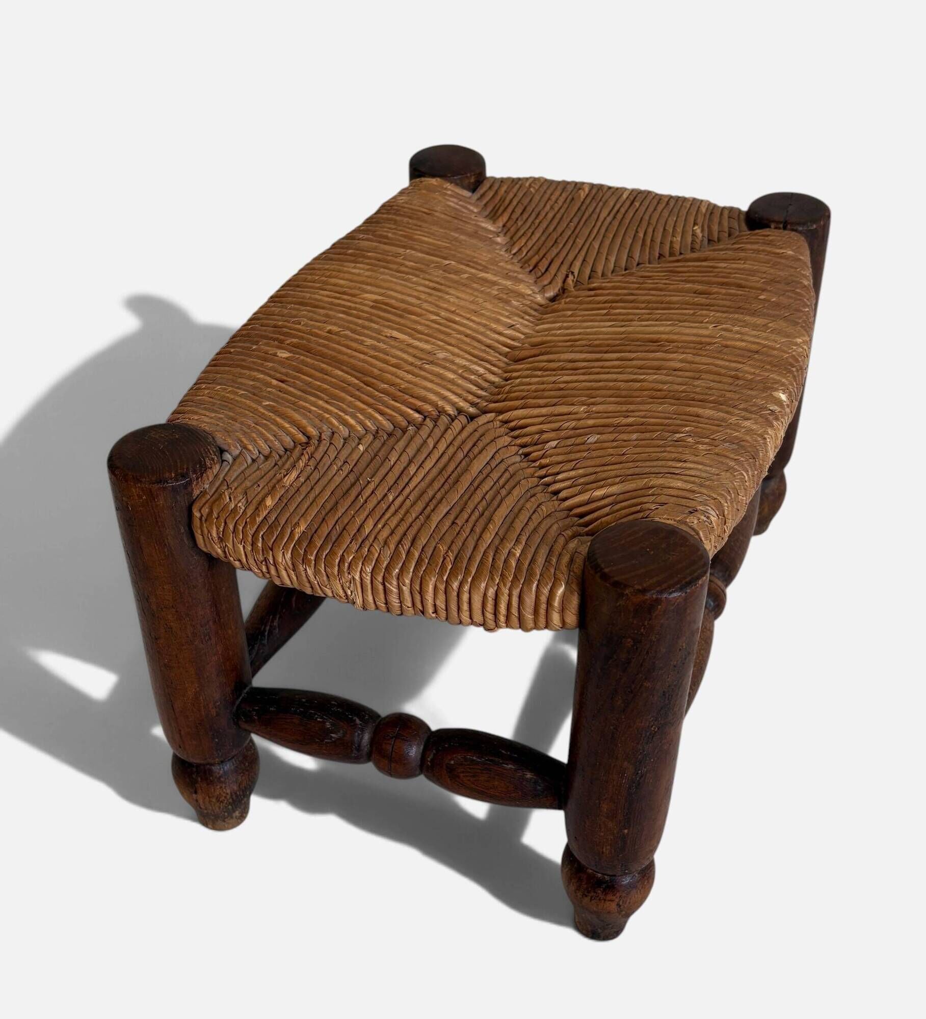 Rustic French Low Footstool in Turned Wood and Rush, Early 20th Century