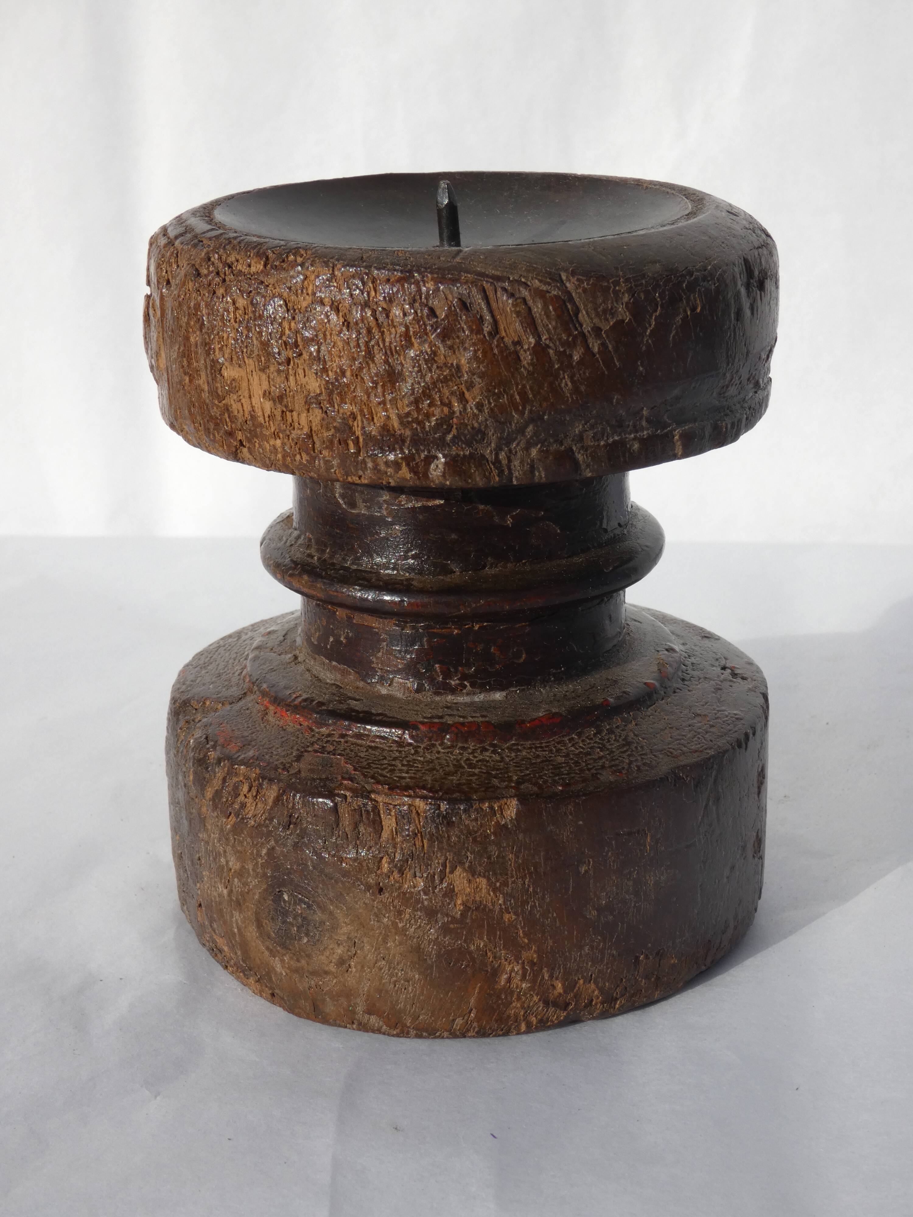 Candle holder round wood old teak patina of origin India