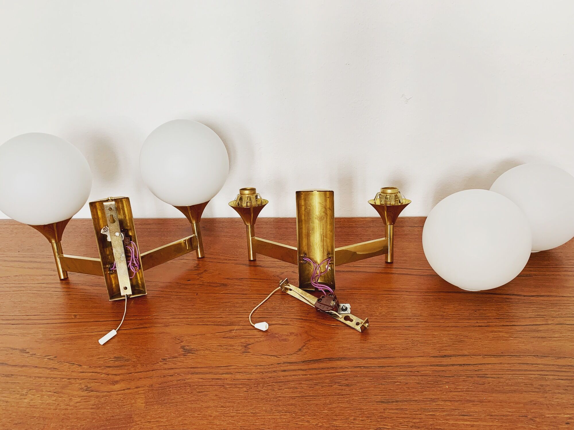 Set of 2 brass and opaline glass Sputnik wall lamps by Kaiser Leuchten
