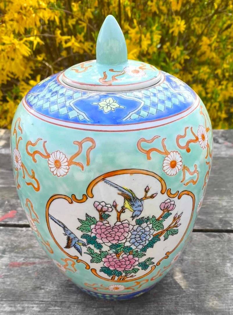 Pot couvert, vase chinois à motifs de fleurs et oiseaux en céramique cloisonnée