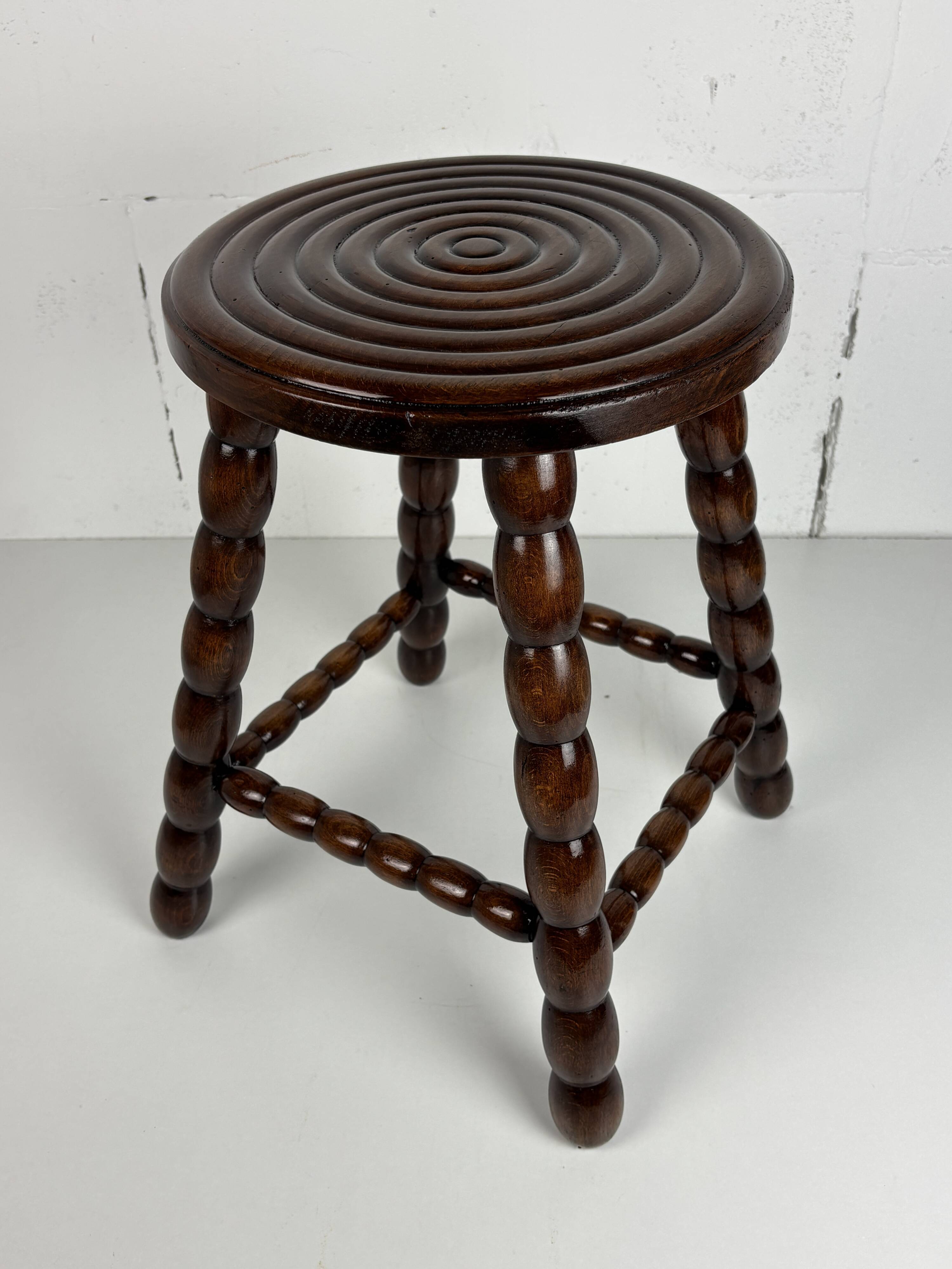 Midcentury bobbin wood turned stool, Charles Dudouyt style, France, 1950s