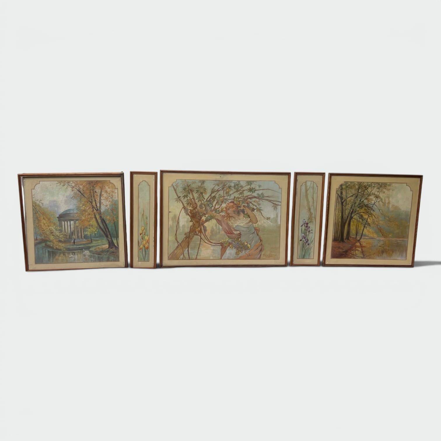 Set of Five Art Nouveau Decorative Panels. Allegory. French Work.