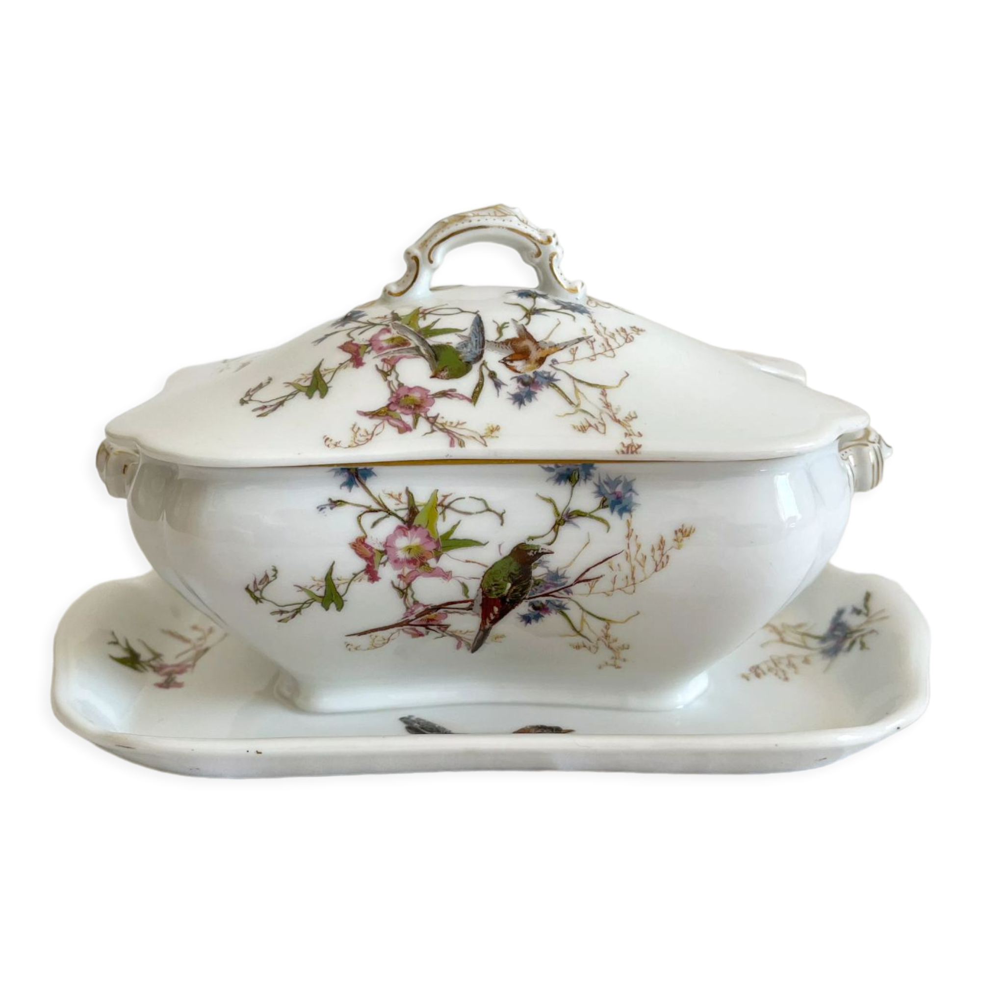 Antique Haviland Limoges porcelain sauce boat with lid, bird decor