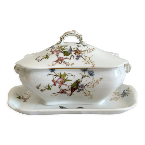 Saucière à couvercle ancienne en porcelaine de Limoges Haviland décor d'oiseaux