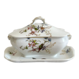 Saucière à couvercle ancienne en porcelaine de Limoges Haviland décor d'oiseaux