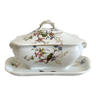 Antique Haviland Limoges porcelain sauce boat with lid, bird decor