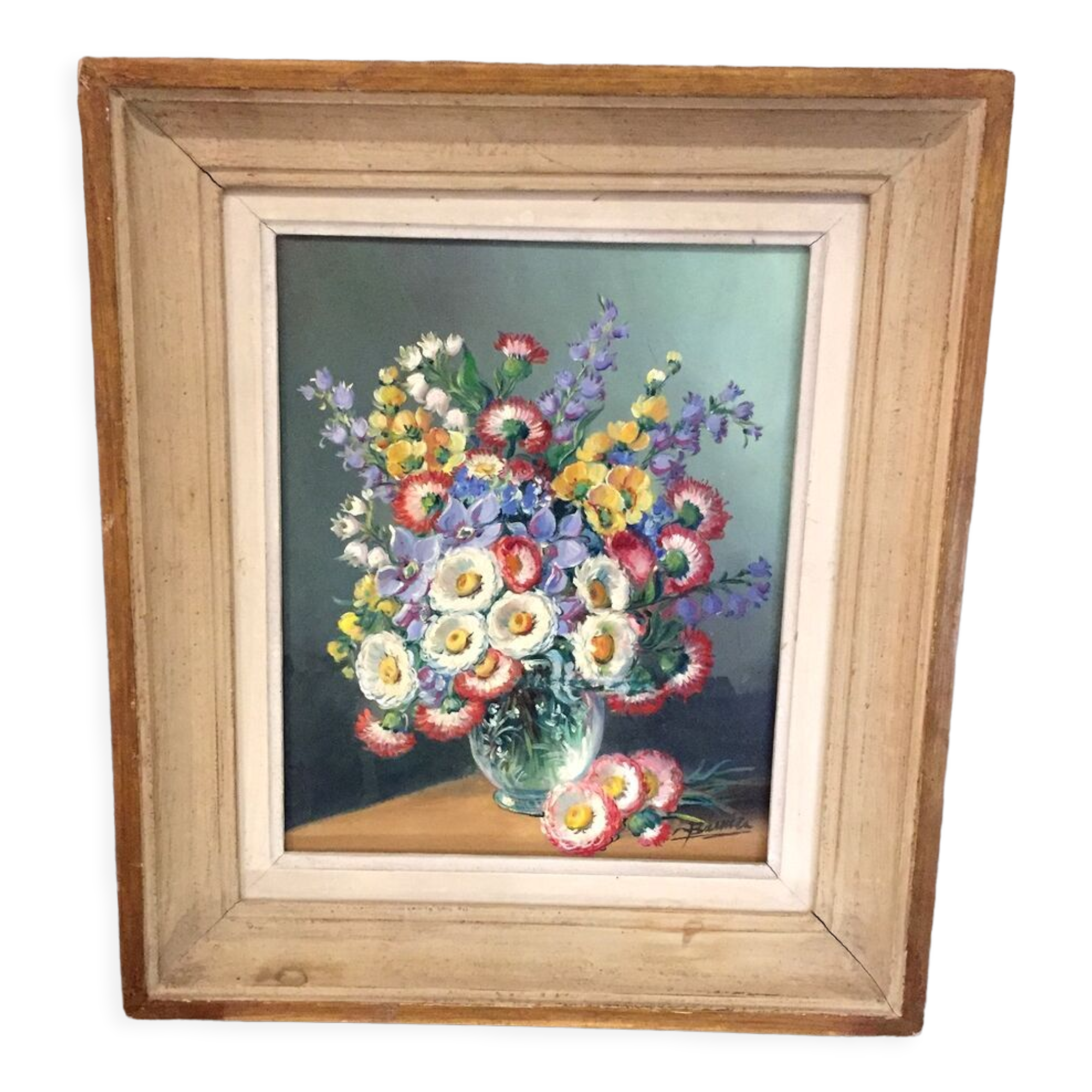 Oil on canvas bouquet of flowers sign c barnier