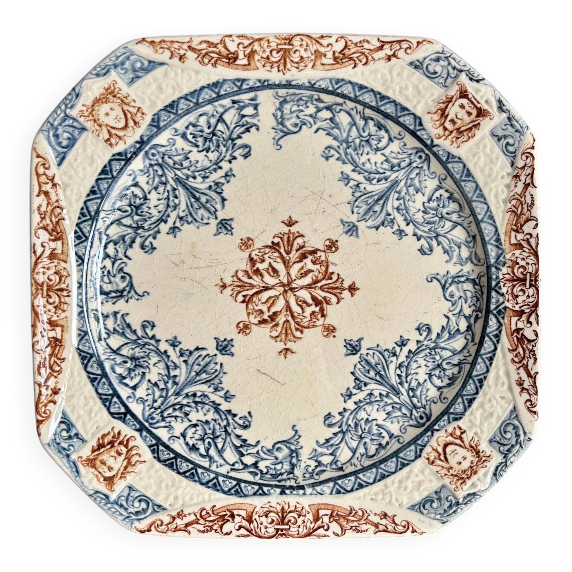 Longchamp square dish in blue and brown ironstone, "Diane" service