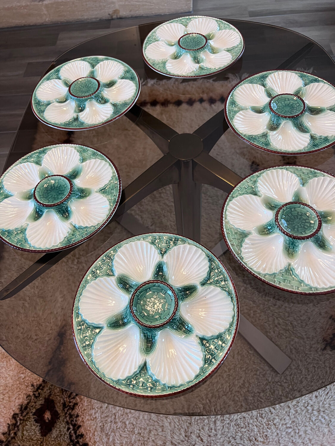 6 vintage slip oyster plates