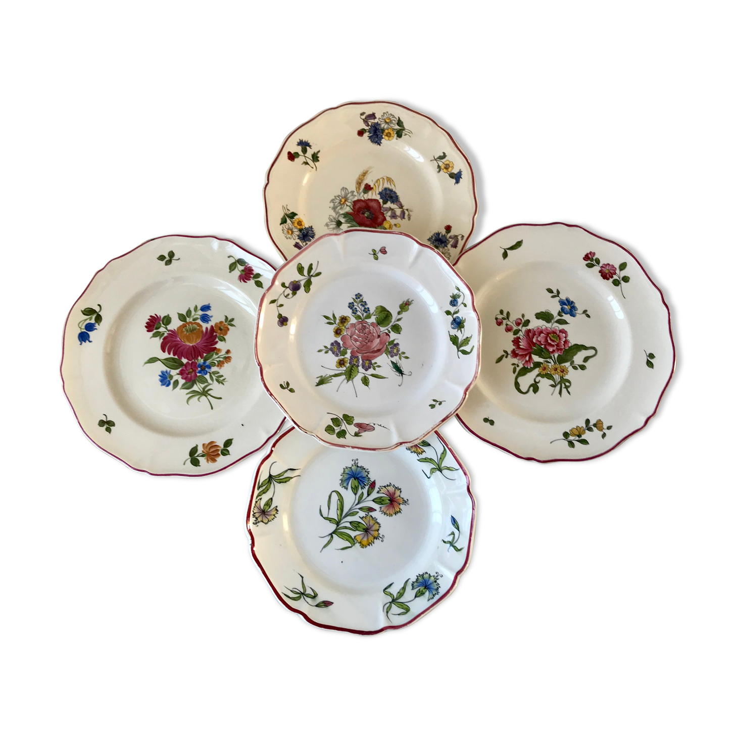 Set of 5 flat plates mismatched Digoin Sarreguemines and Saint-Amand 60s