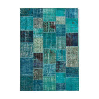 Handmade turkish overdyed 171 cm x 240 cm turquoise patchwork rug