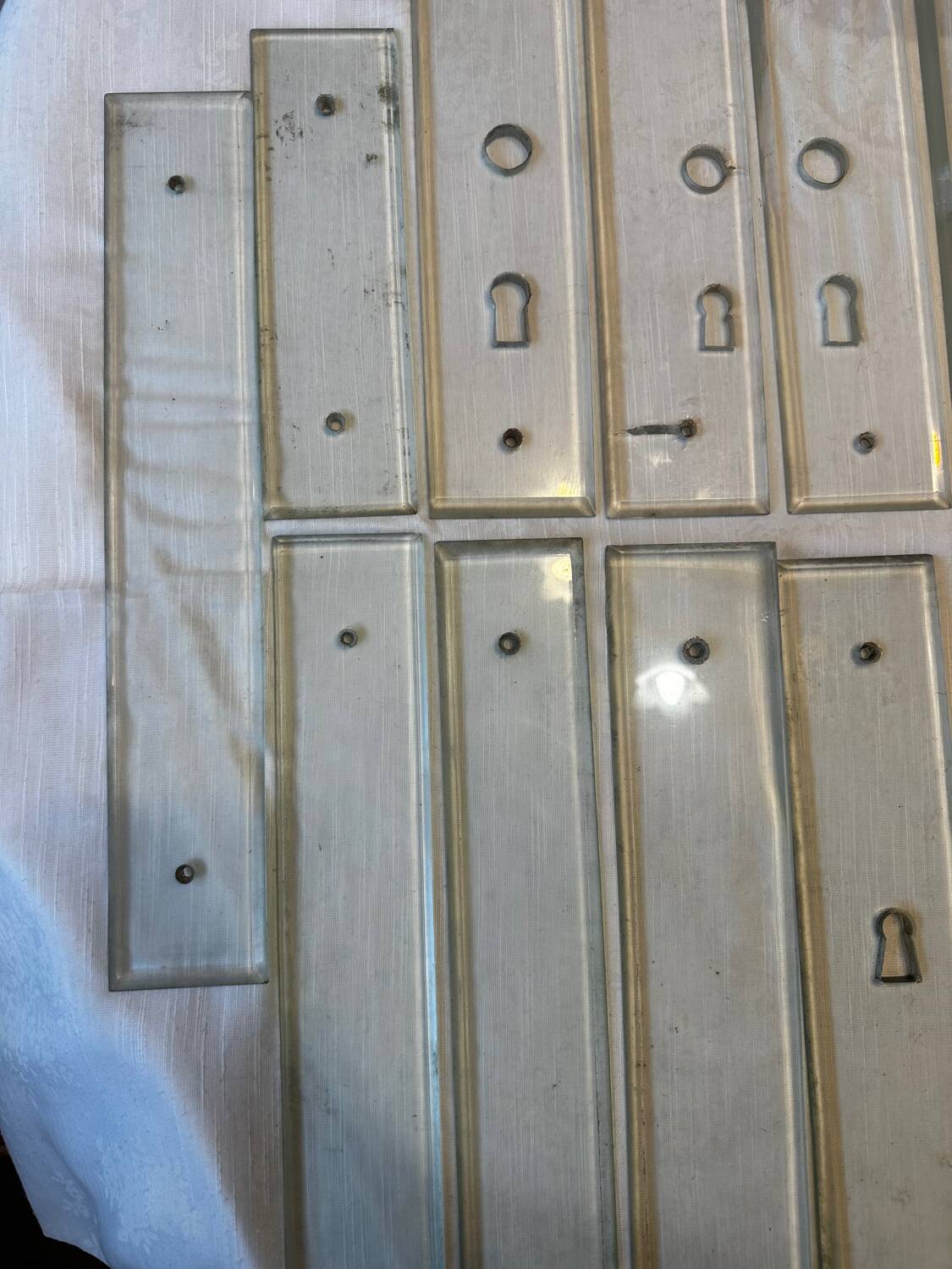 11 bevelled glass cleanliness plaques + 4 Art Deco glass plaques