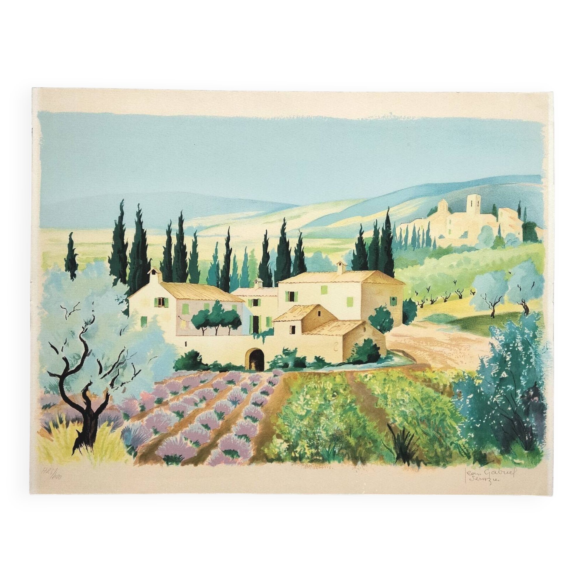 Provençal landscape lithograph signed by Jean Gabriel Séruzier.