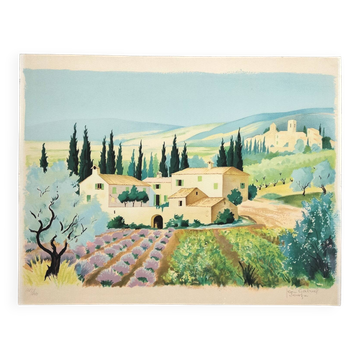Provençal landscape lithograph signed by Jean Gabriel Séruzier.