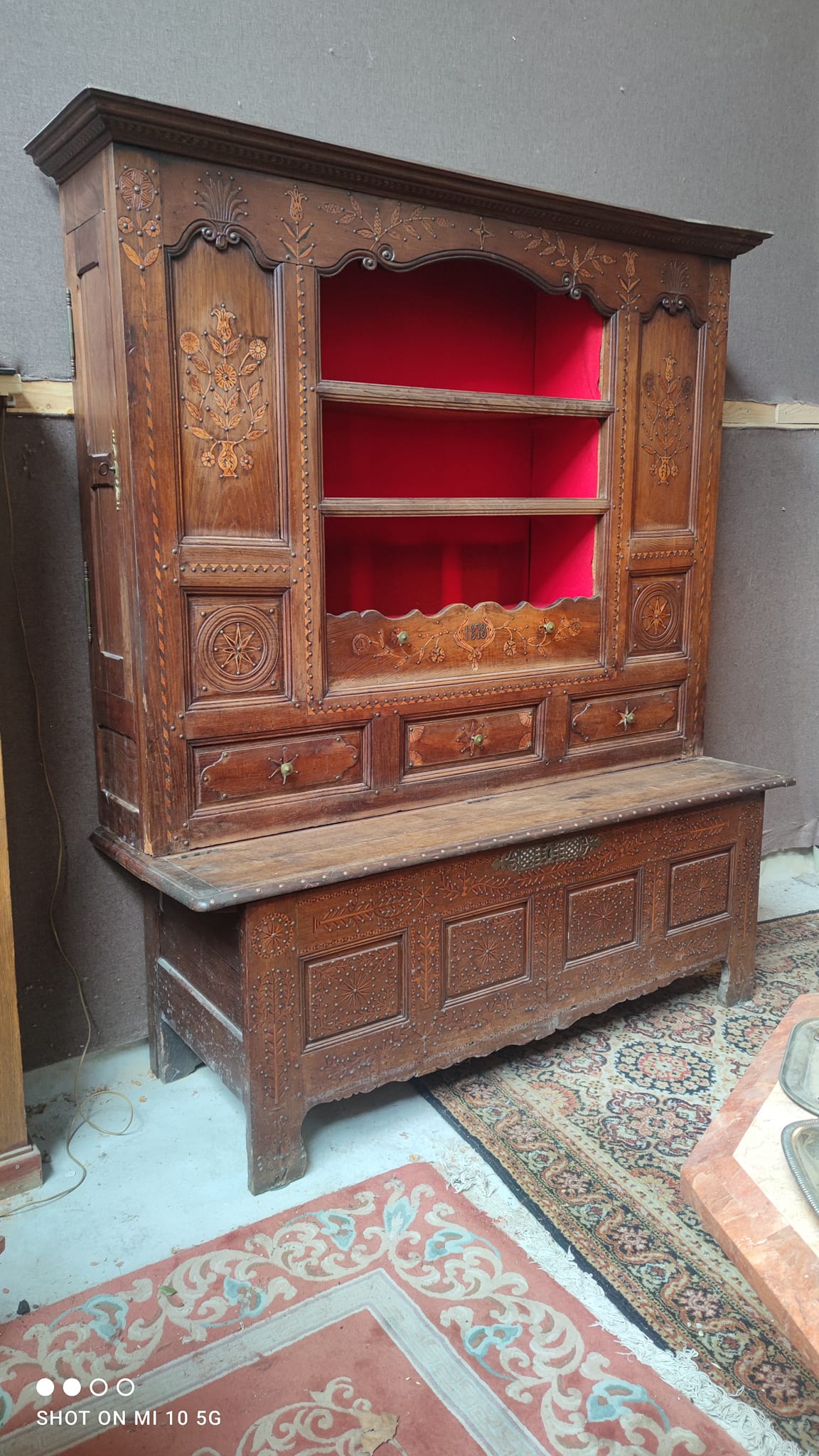 Two-part Breton chestnut cabinet dating from 1878