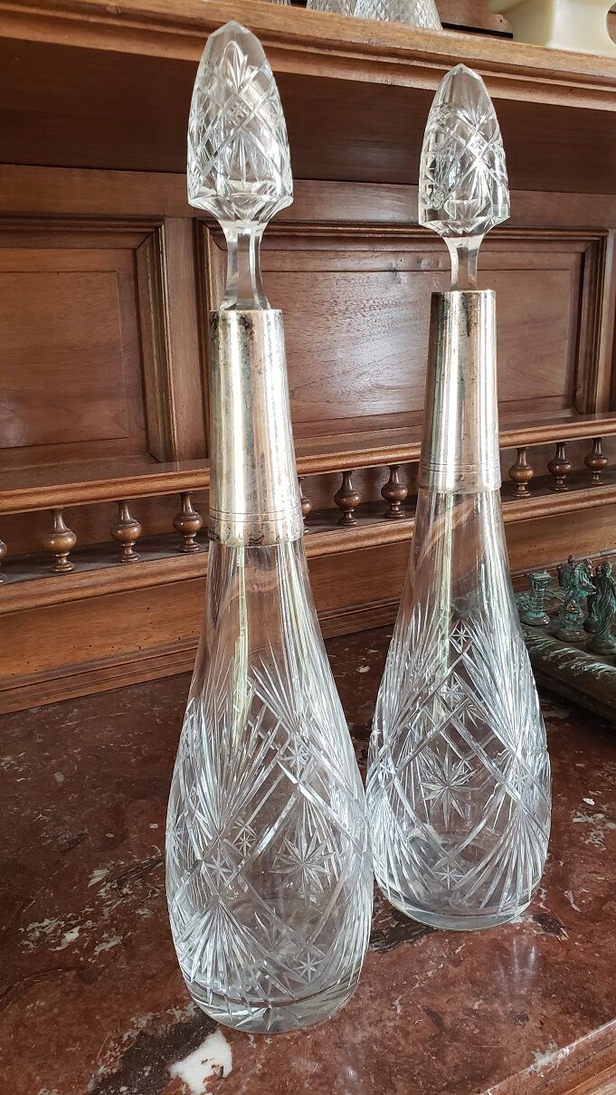 Pair of crystal and metal decanters