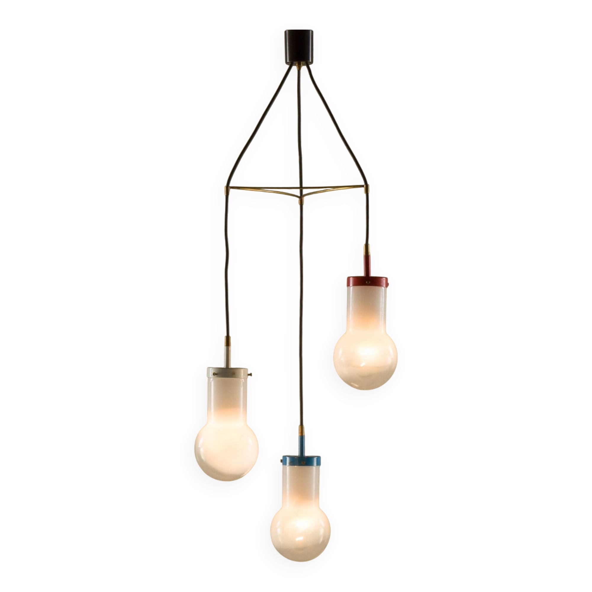 Italian pendant lamp with “lattimo” Murano glass shades, mid century modern