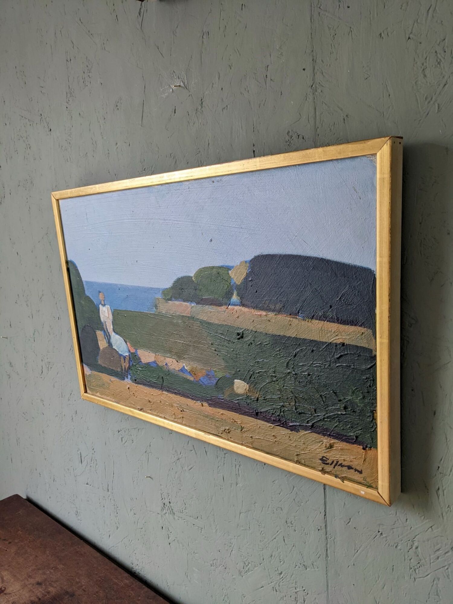 Mid-Century Modern Swedish Oil Painting "Coastal Musing" Framed Landscape