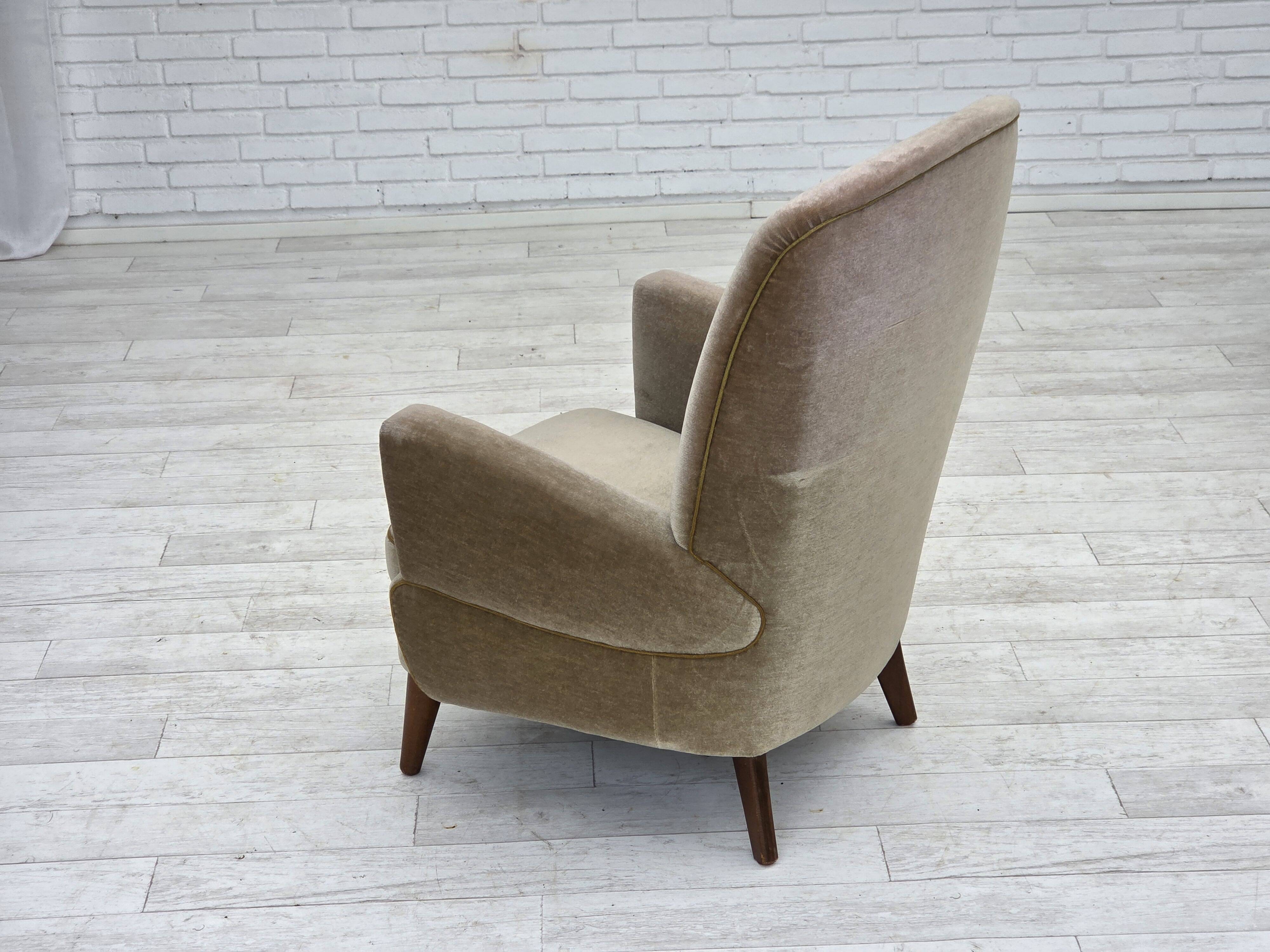 1970s, Danish armchair, green furniture velour, beech wood legs.