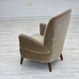 1970s, Danish armchair, green furniture velour, beech wood legs.