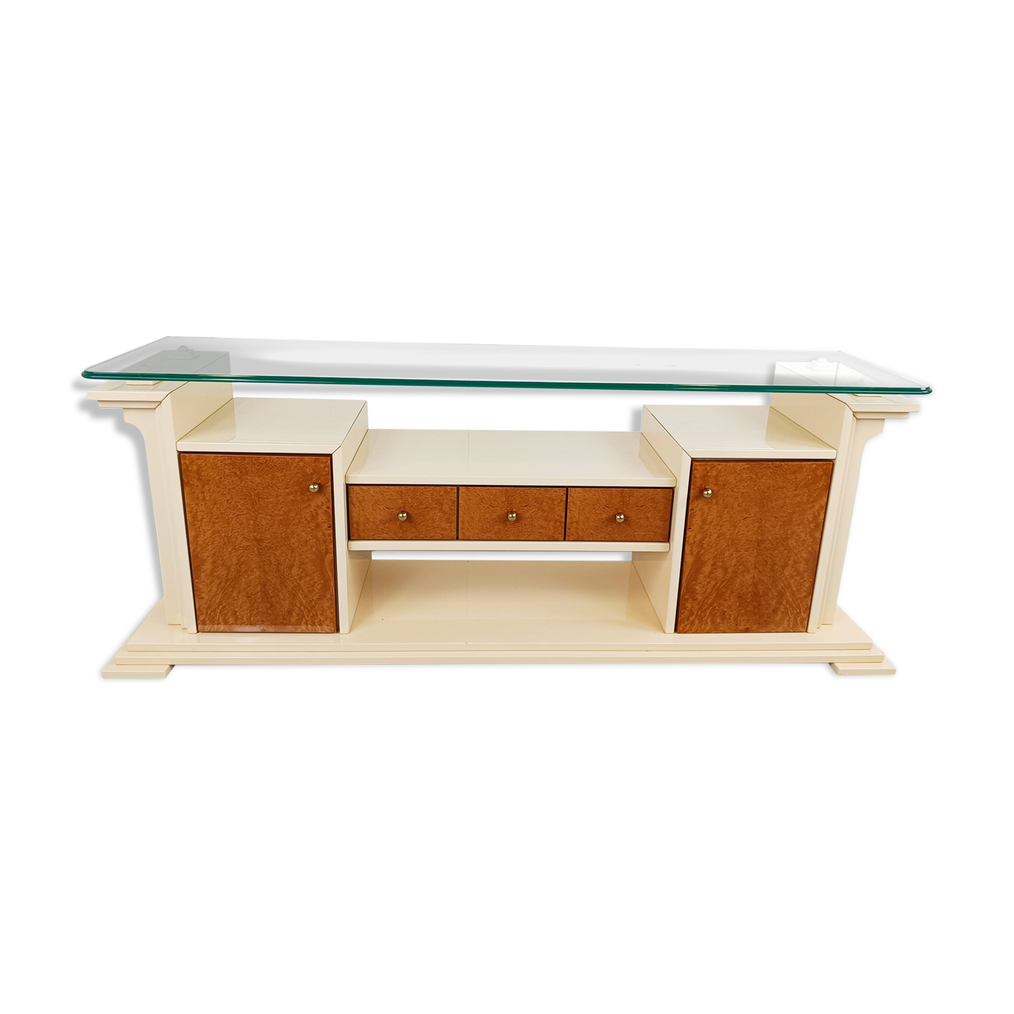 Vintage lacquer and burl wood credenza, 1980s