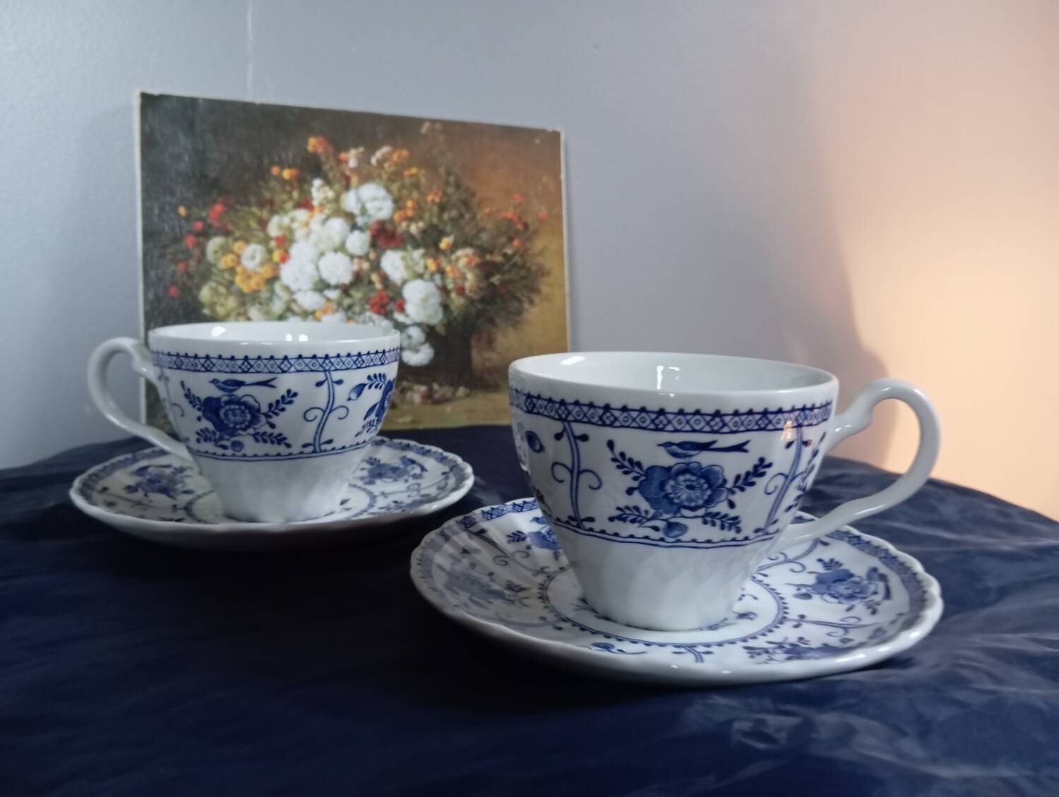 Set of 4 blue cups and saucers from Johnson Bros - England, 1970