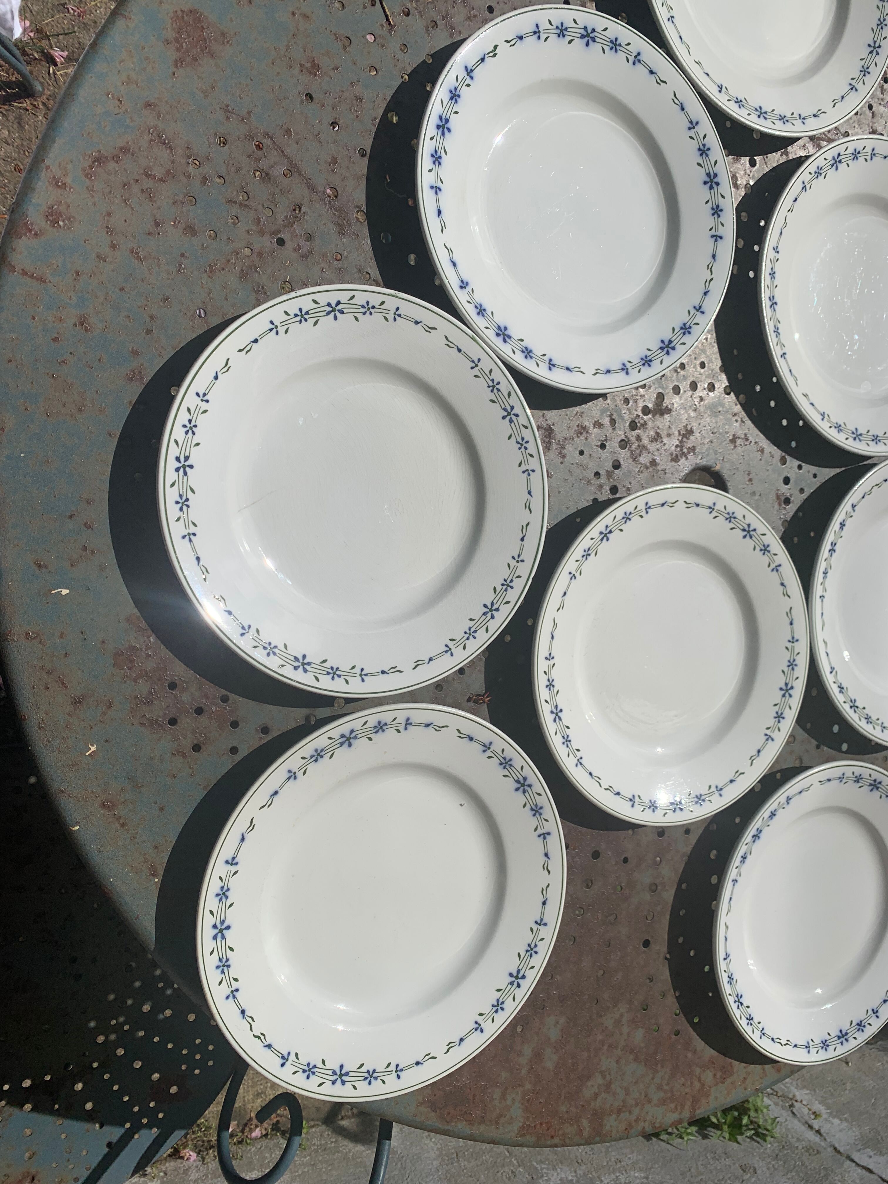 8 flat plates with blue flower pattern earthenware niderviller moselle france art deco