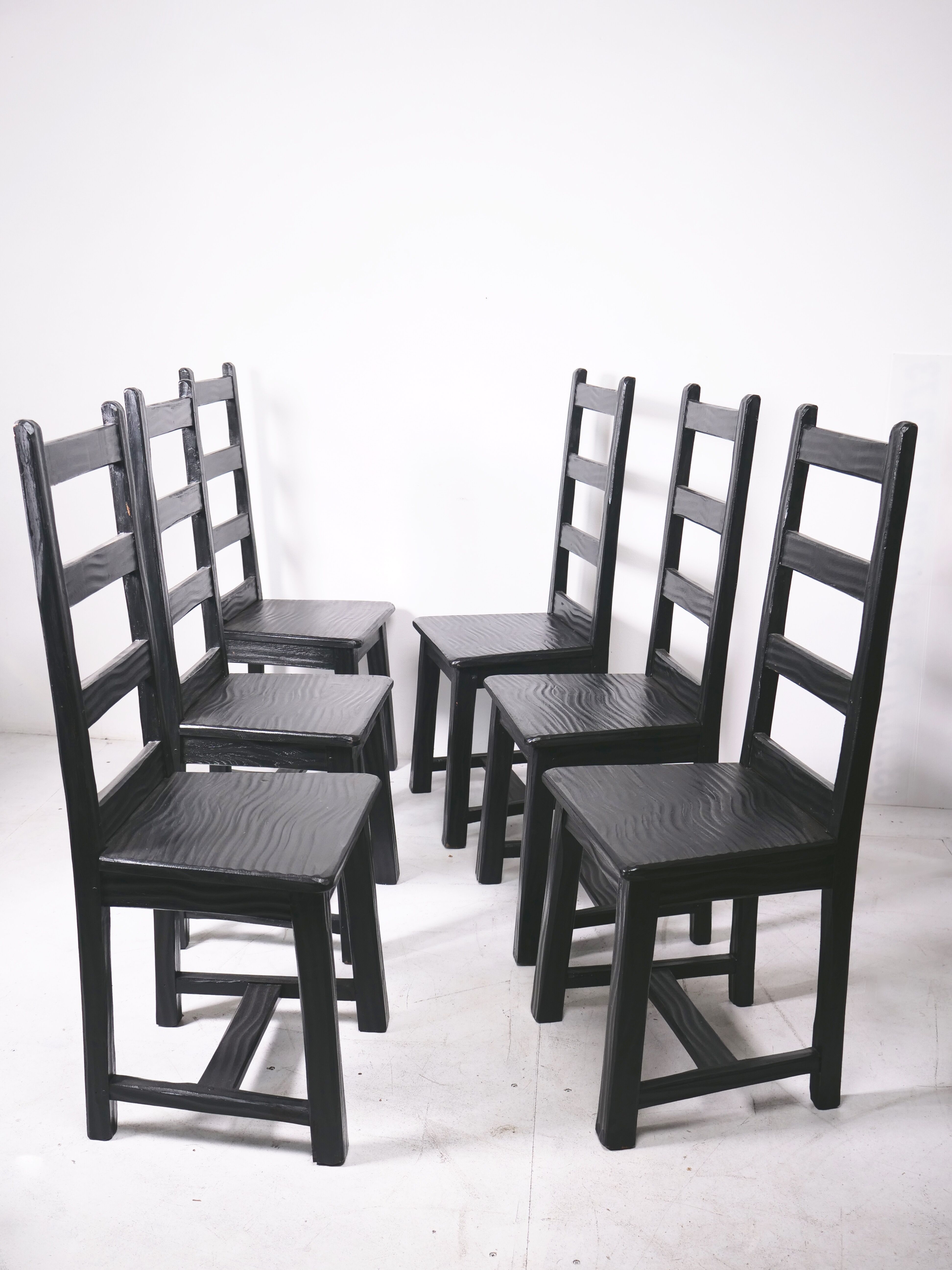 Set of 6 black brutalist chairs in solid oak