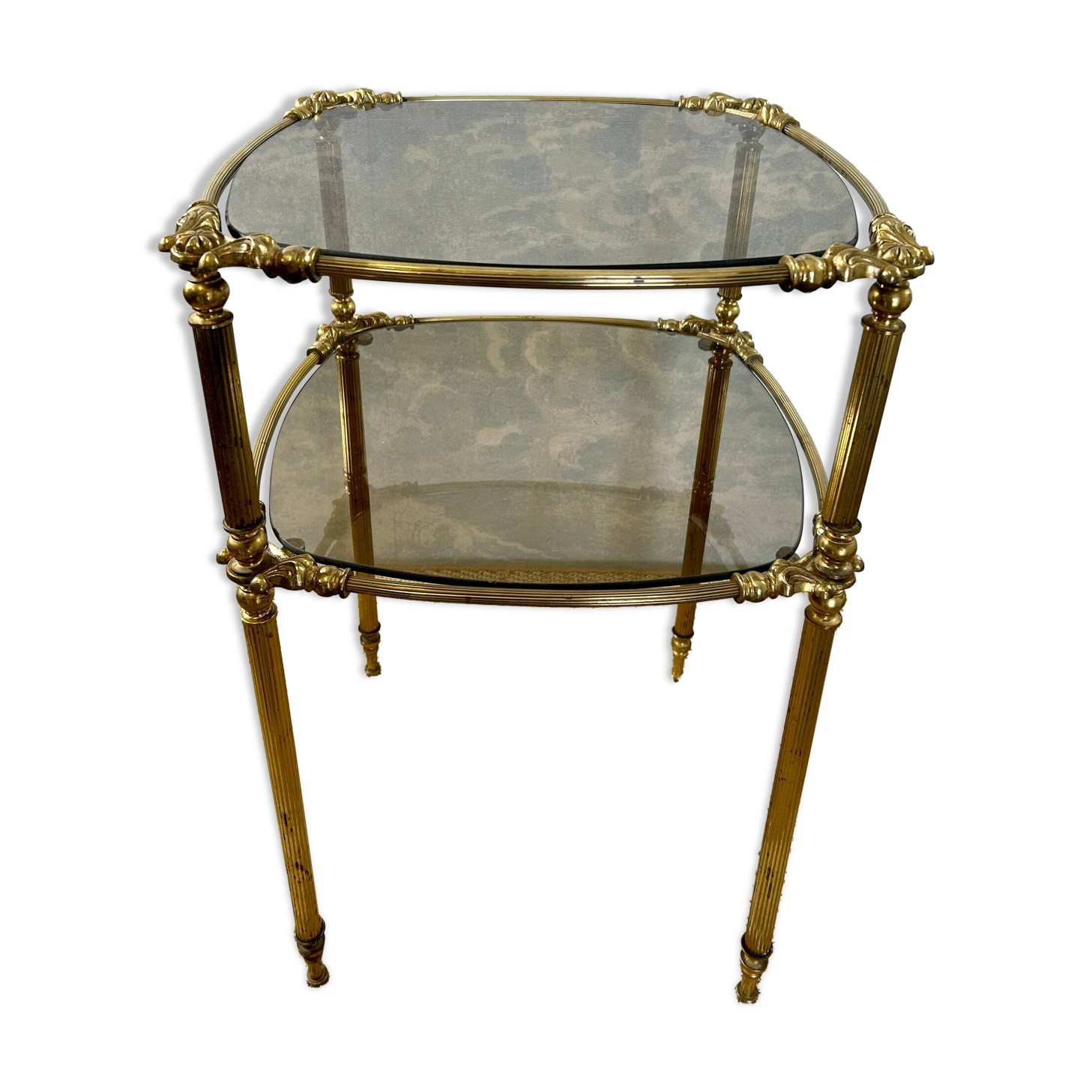 Two-tier side table with smoked glass top, Hollywood Regency