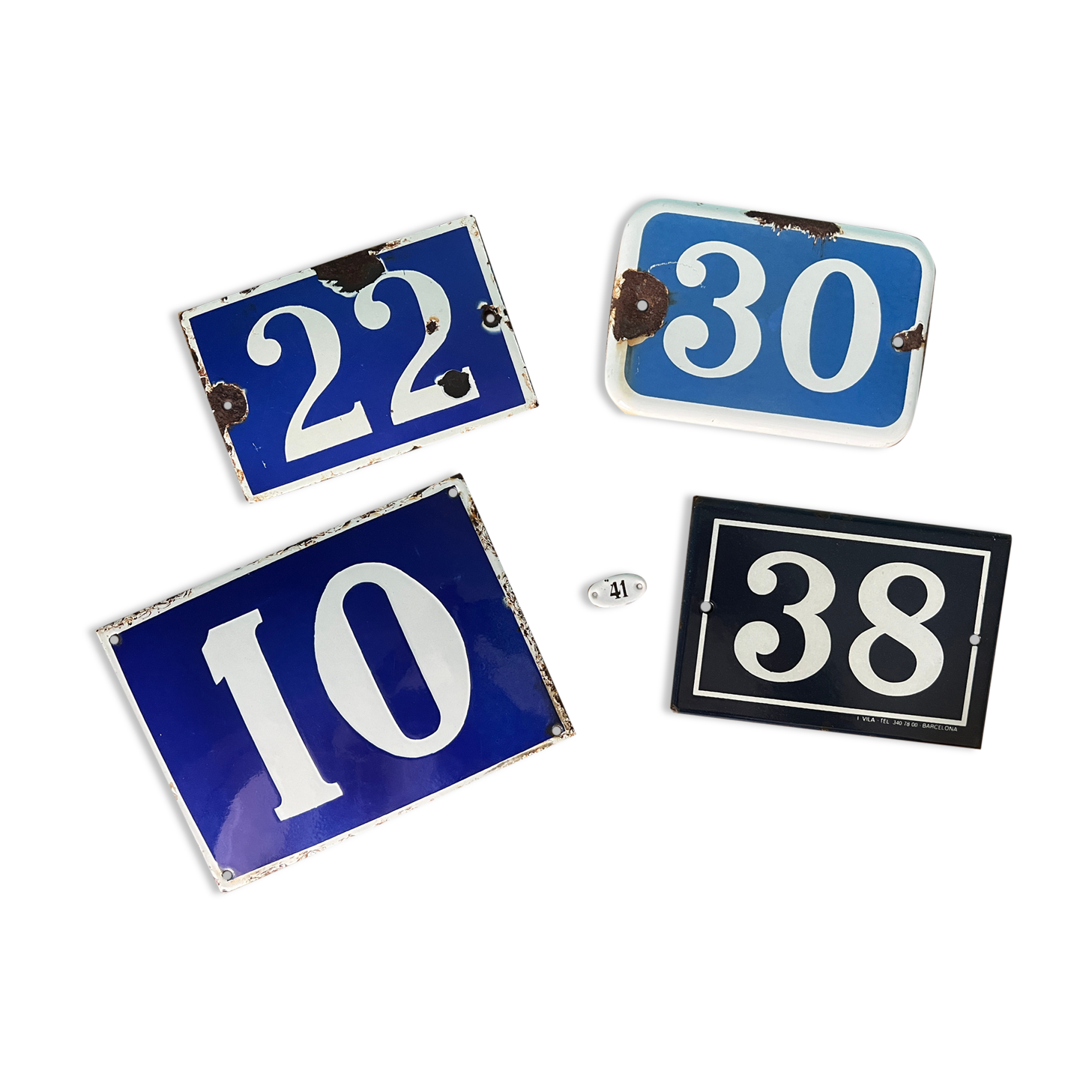 Enameled metal license plates, antique house numbers for retro decor