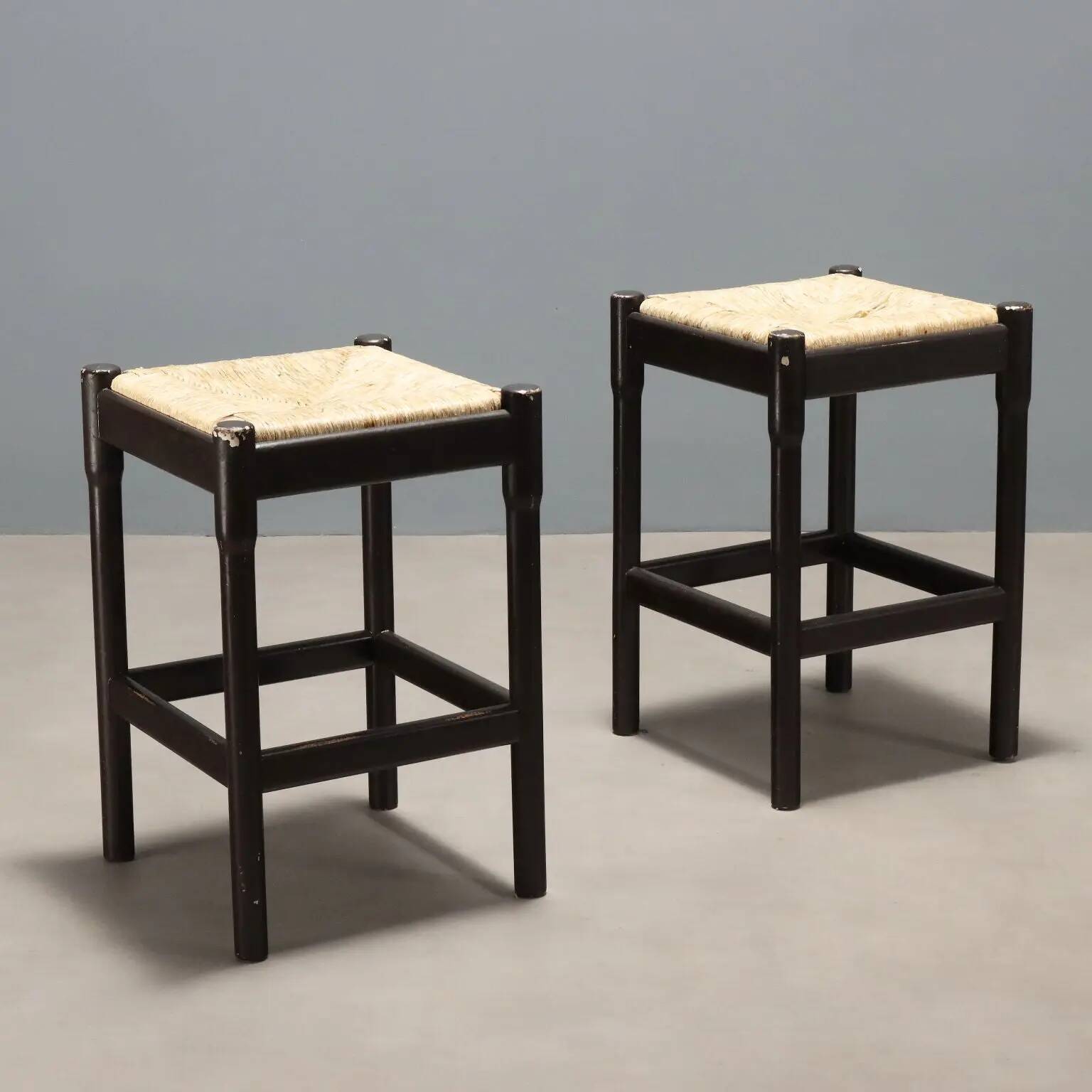 Pair of vintage wooden and rope stools, Italy, 1970s