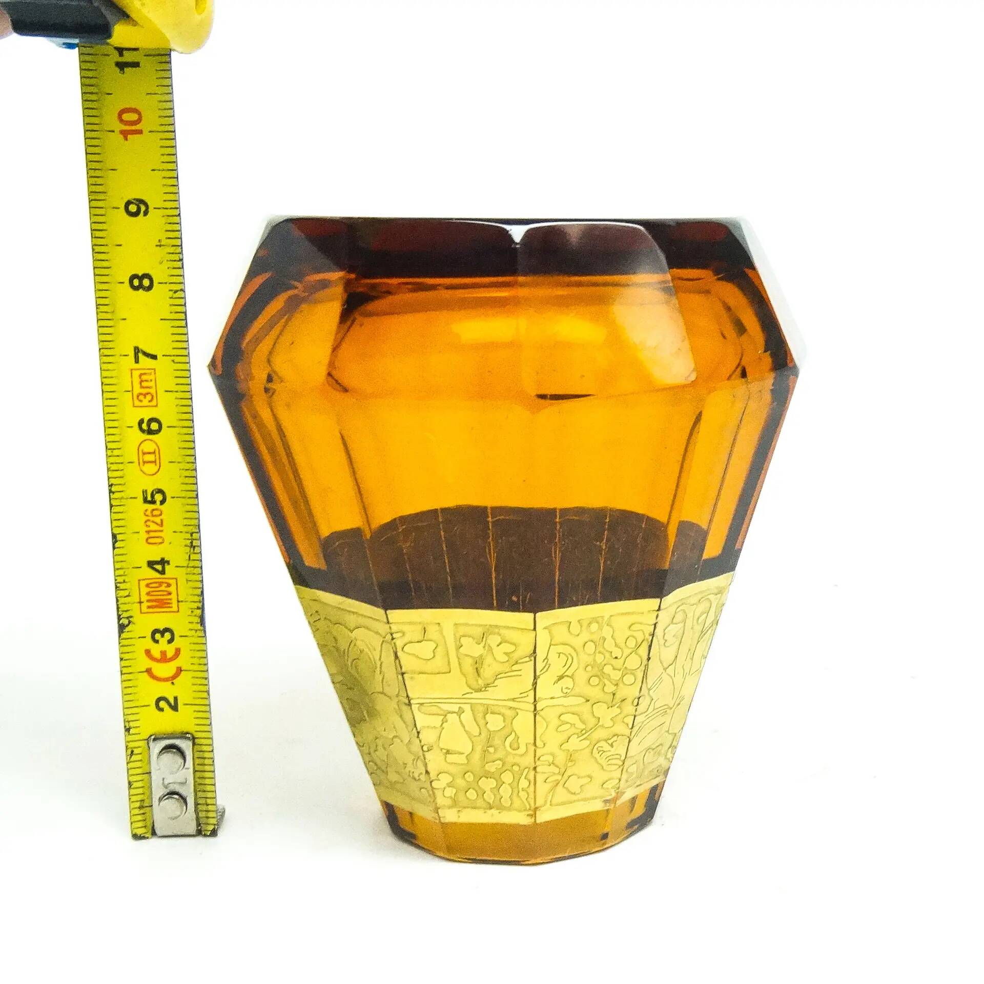 Art Deco vase, honey glass, oroplastic, Czechoslovakia, 1930s