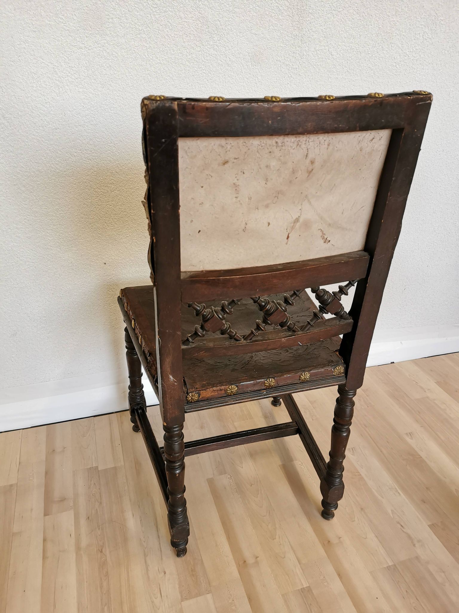 Antique 1930s Leather Dining Chair: Carved Wood Base, Metal Accents