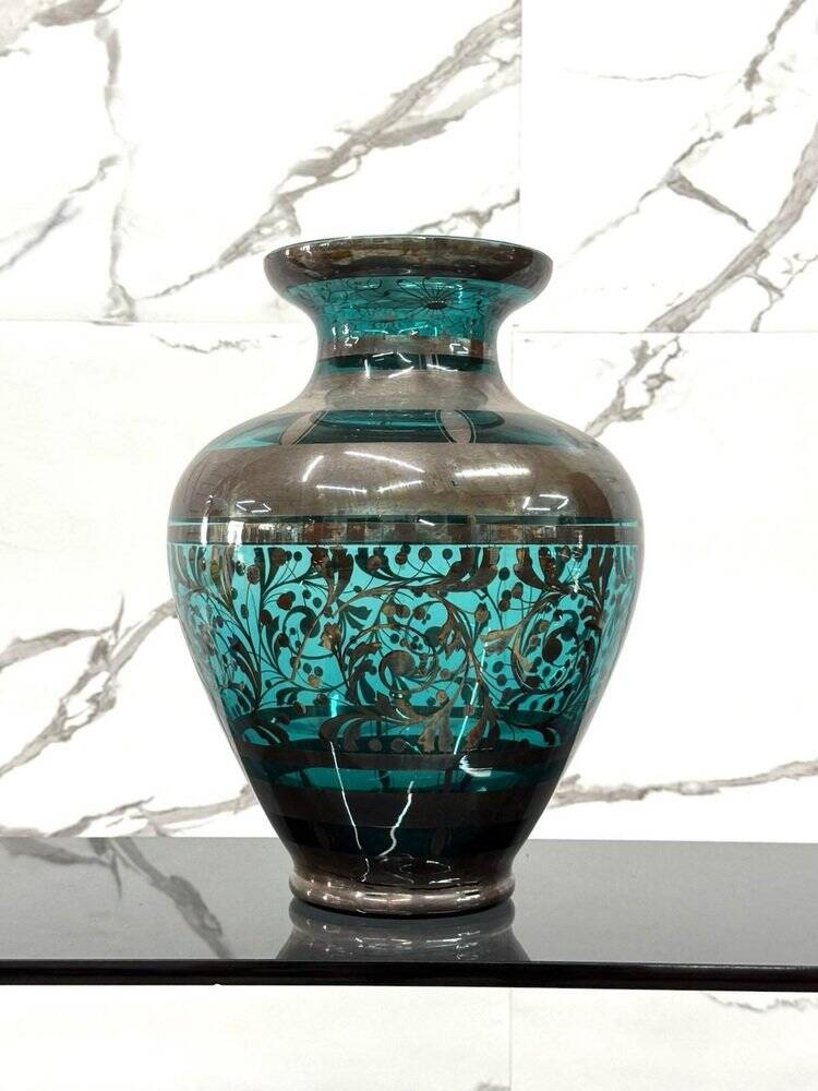 American Art Deco Vase in Glass and Silver Overlay, 1930s