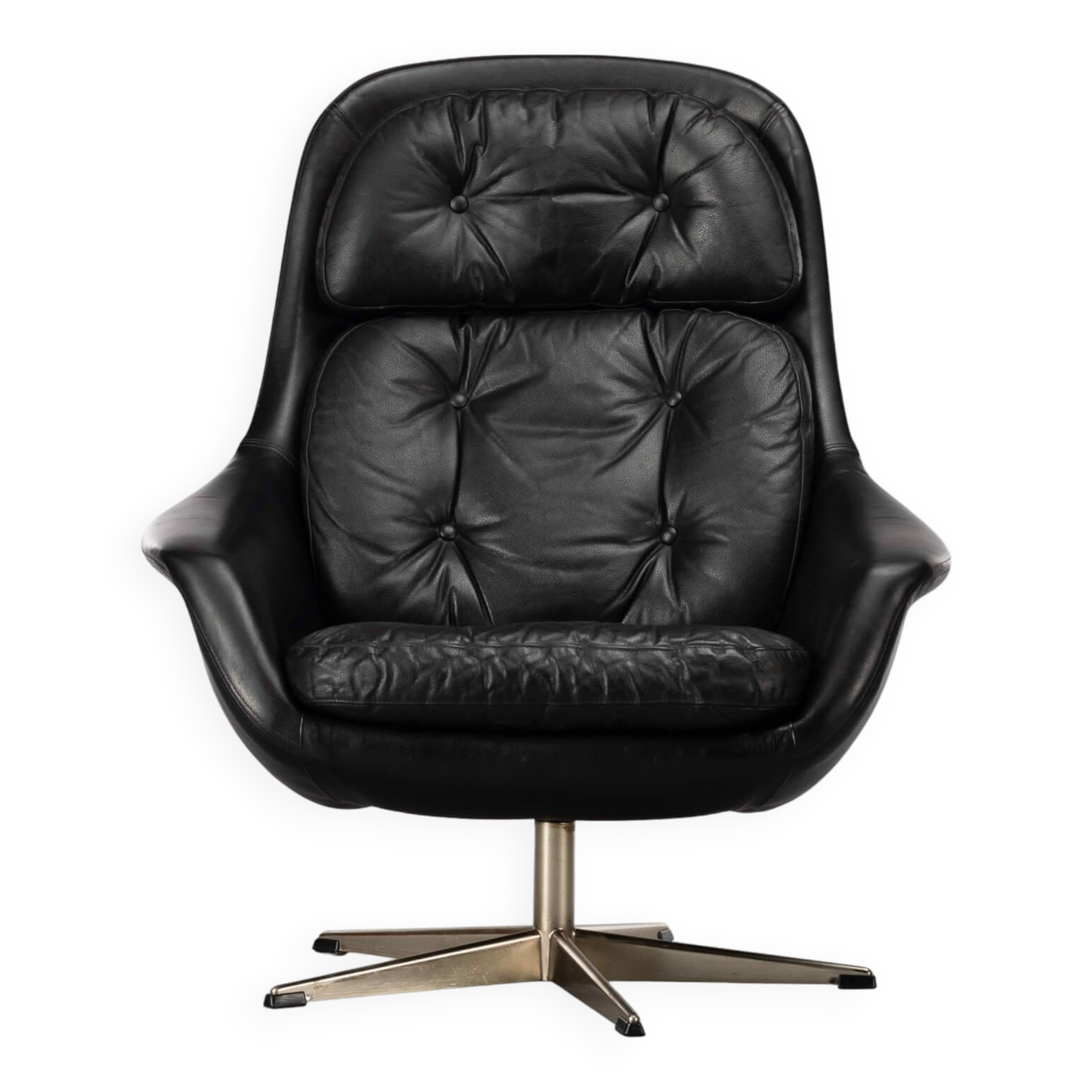 Danish Design Black Leather Swivel chair by H.W. Klein for Bramin, 1960s