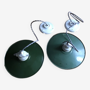 Set of two industrial enameled sheet metal pendant lights