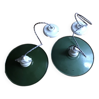 Set of two industrial enameled sheet metal pendant lights