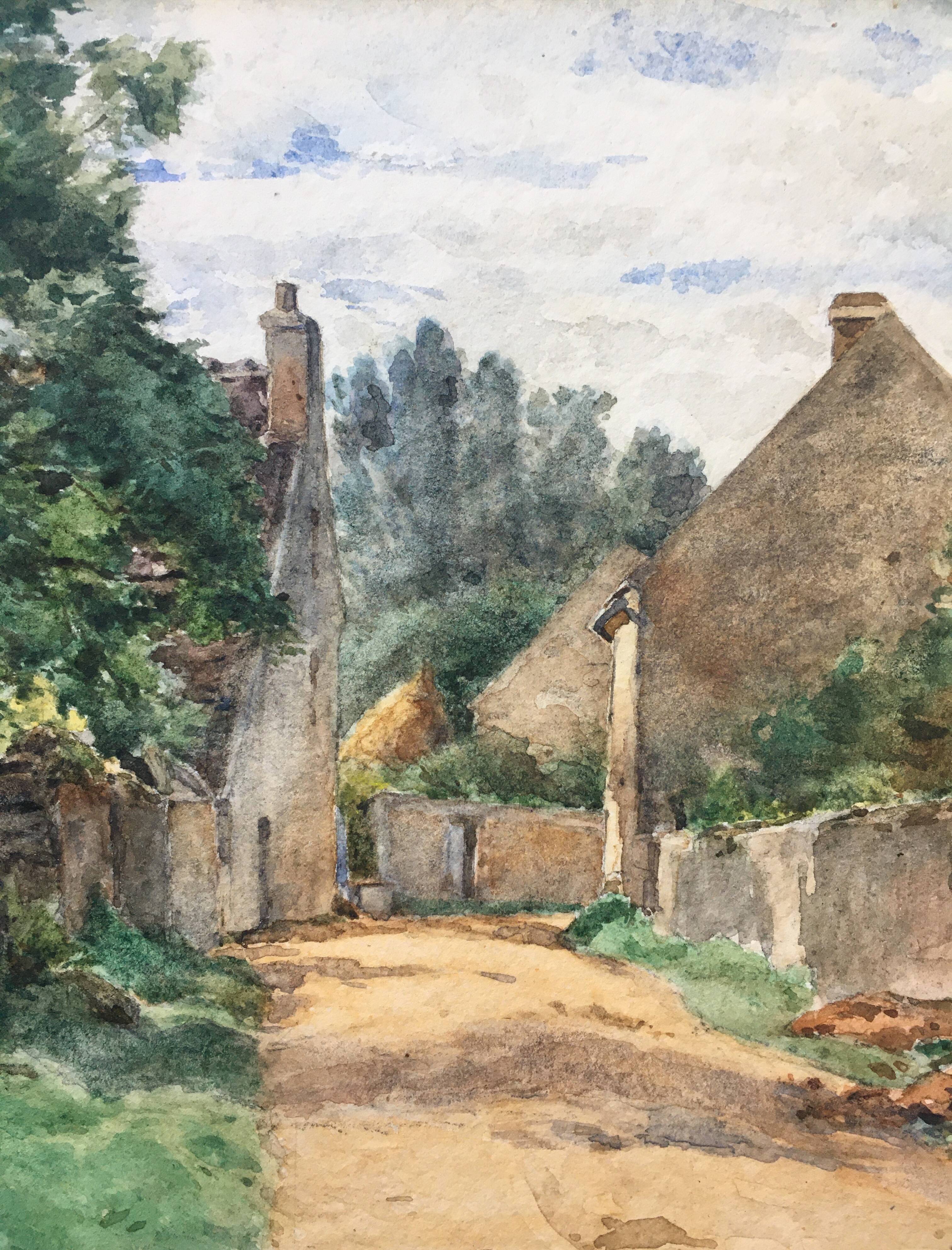 Table Watercolor 1904 by G Roche "Village Tree Entrance"
