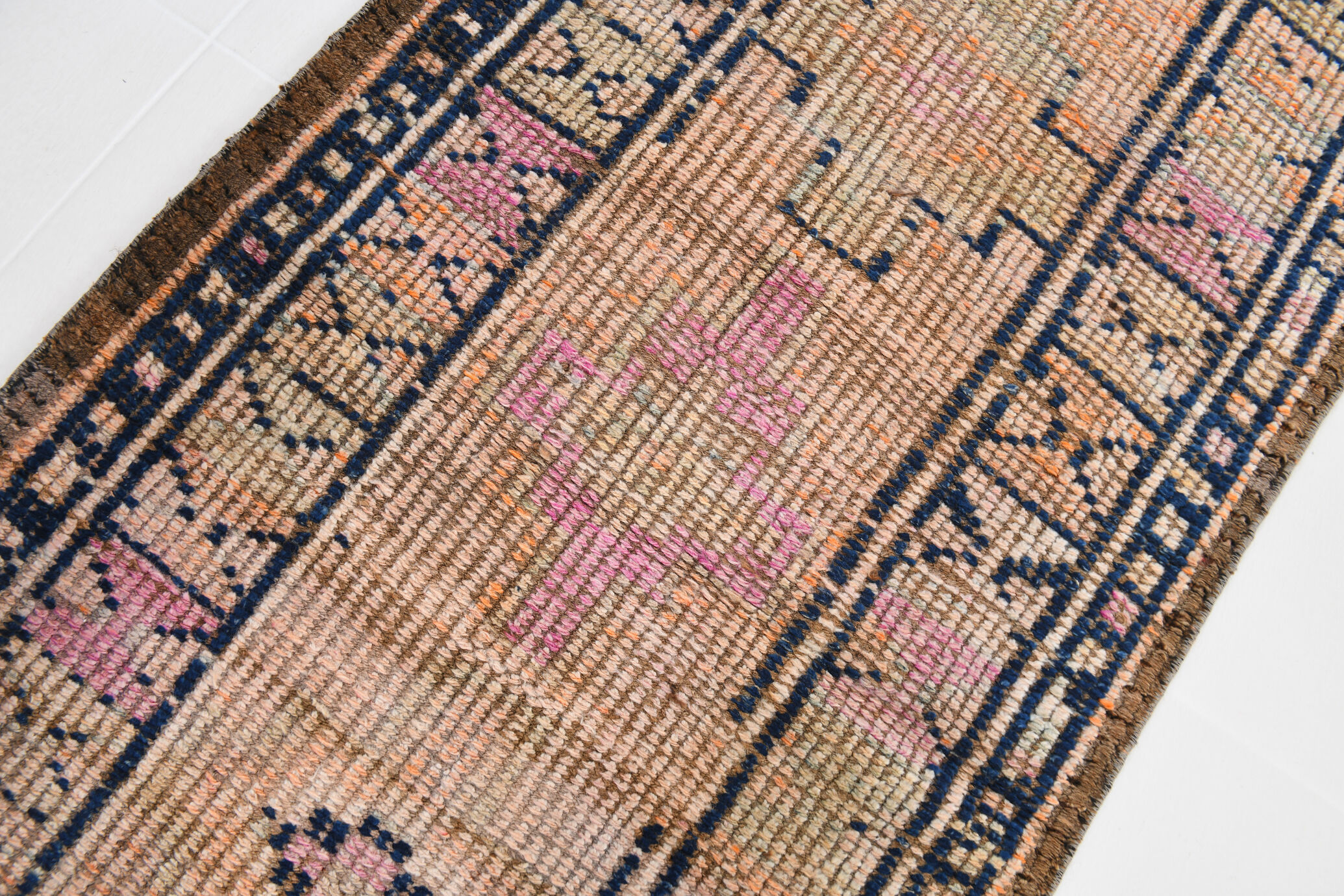 Pale orange & navy blue vintage runner rug 78x357cm