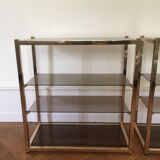 Pair of consoles brass shelves and smoked glass design Roche Bobois