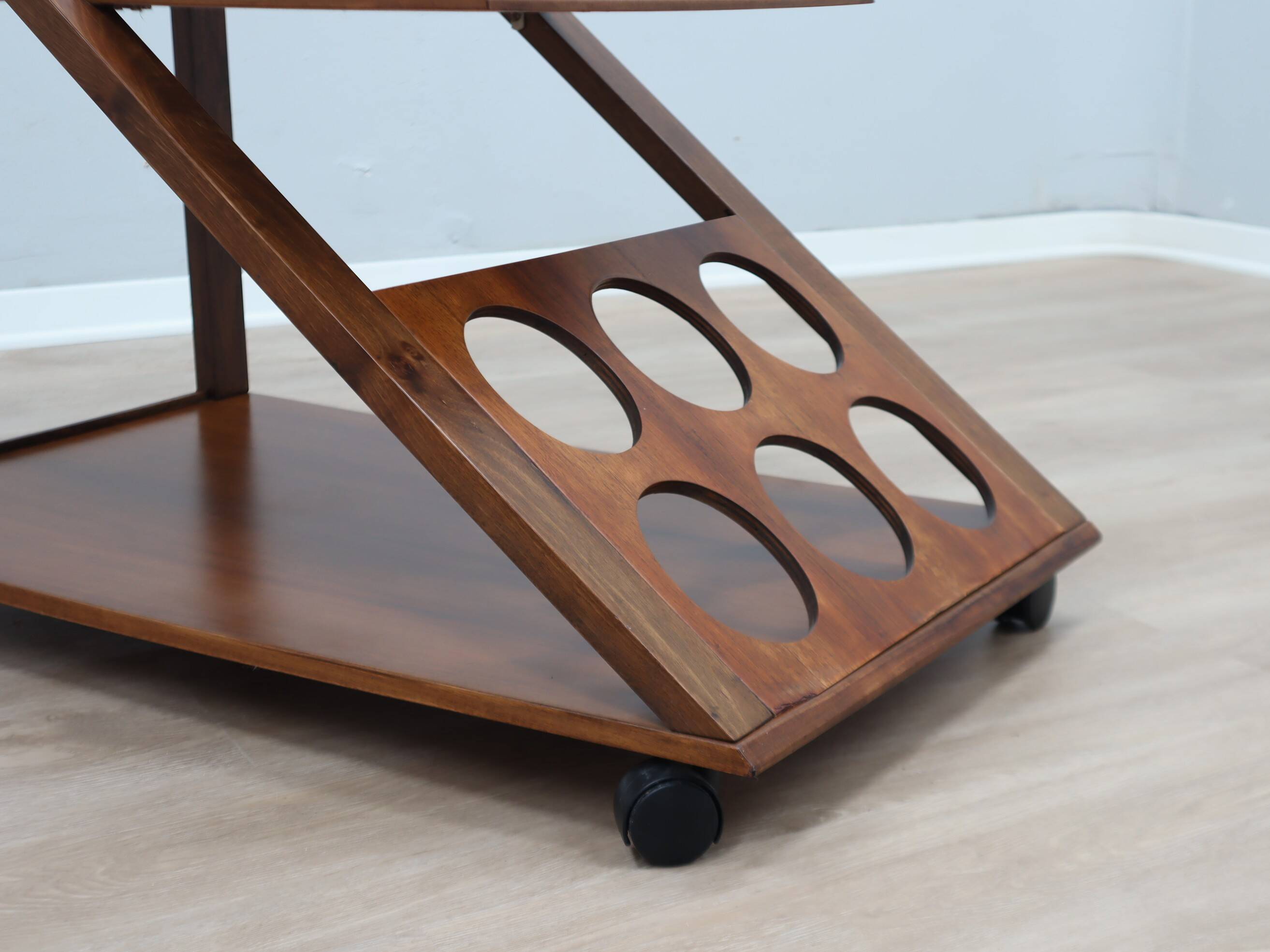 Vintage geometric walnut wood bar cart 1970s