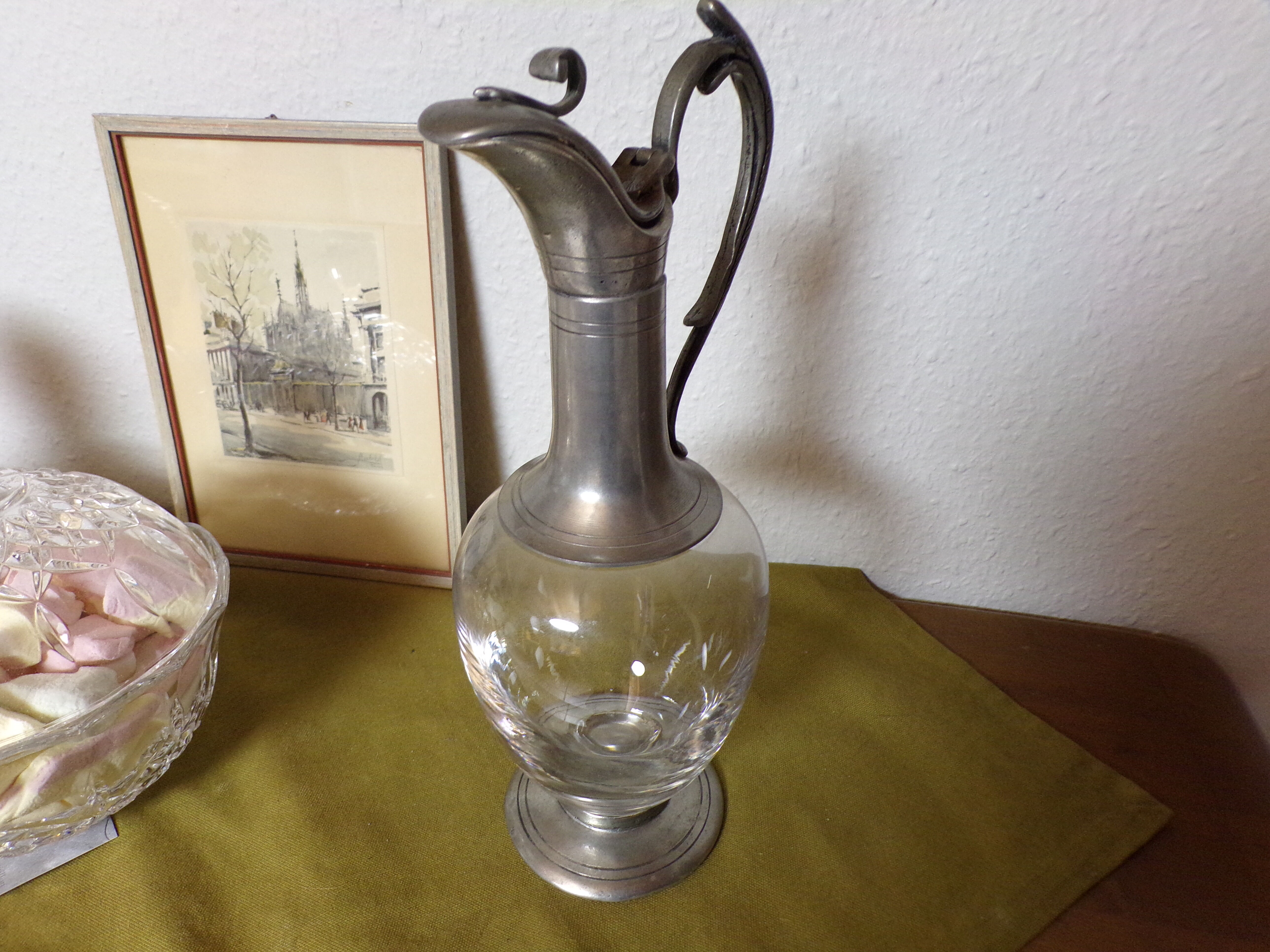 Tin ewer and vintage molded glass