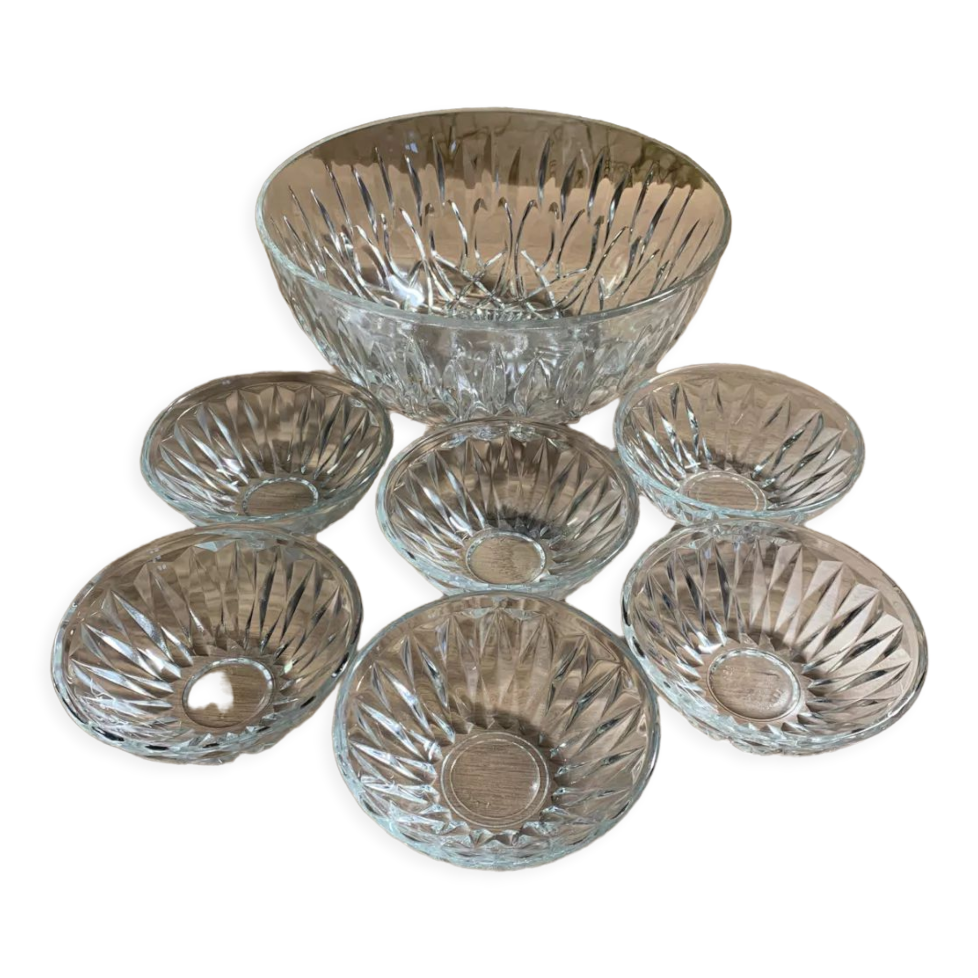 Fruit salad service, salad bowl and 6 glass ramekins