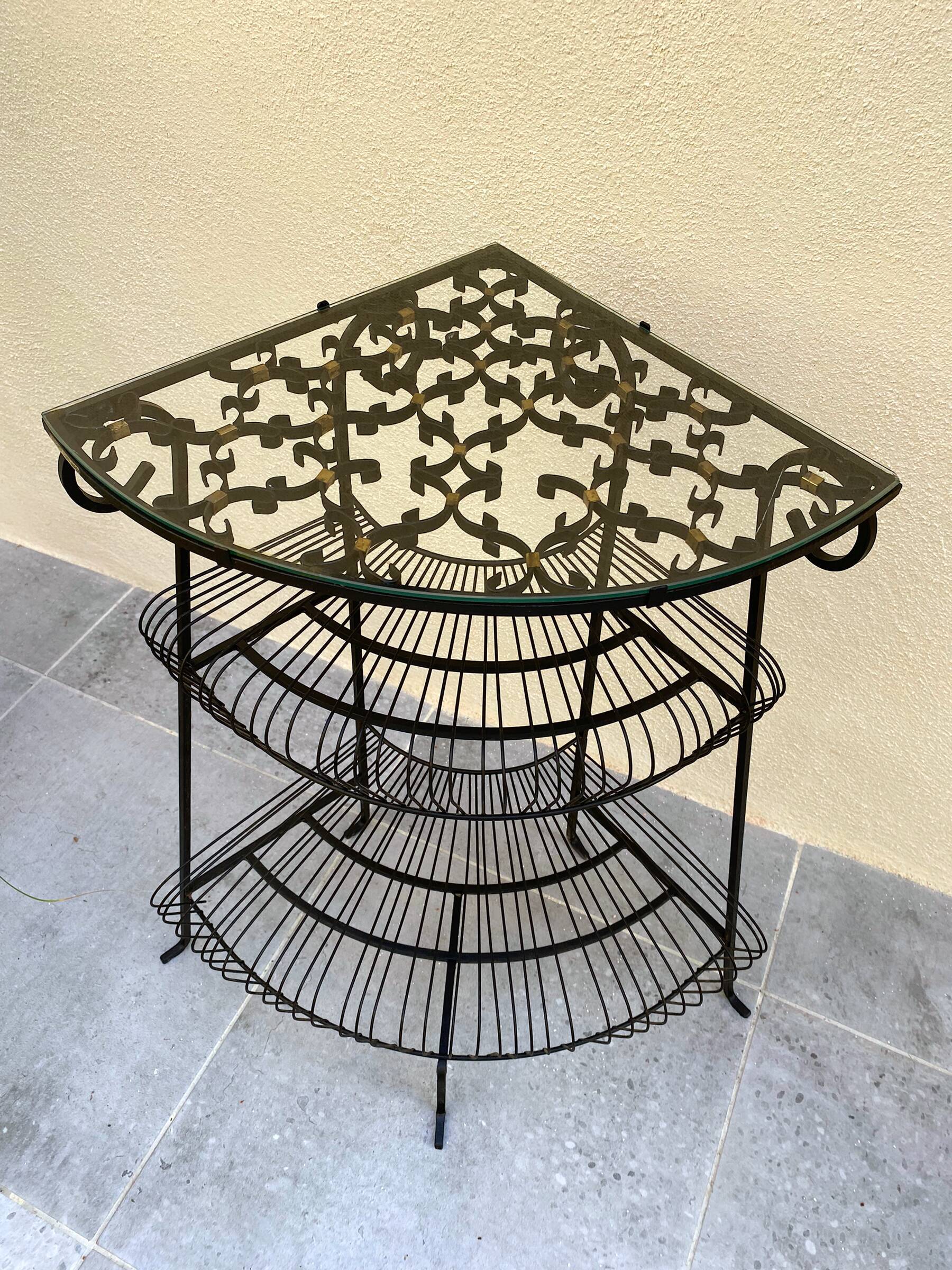 Vintage wrought iron corner shelf