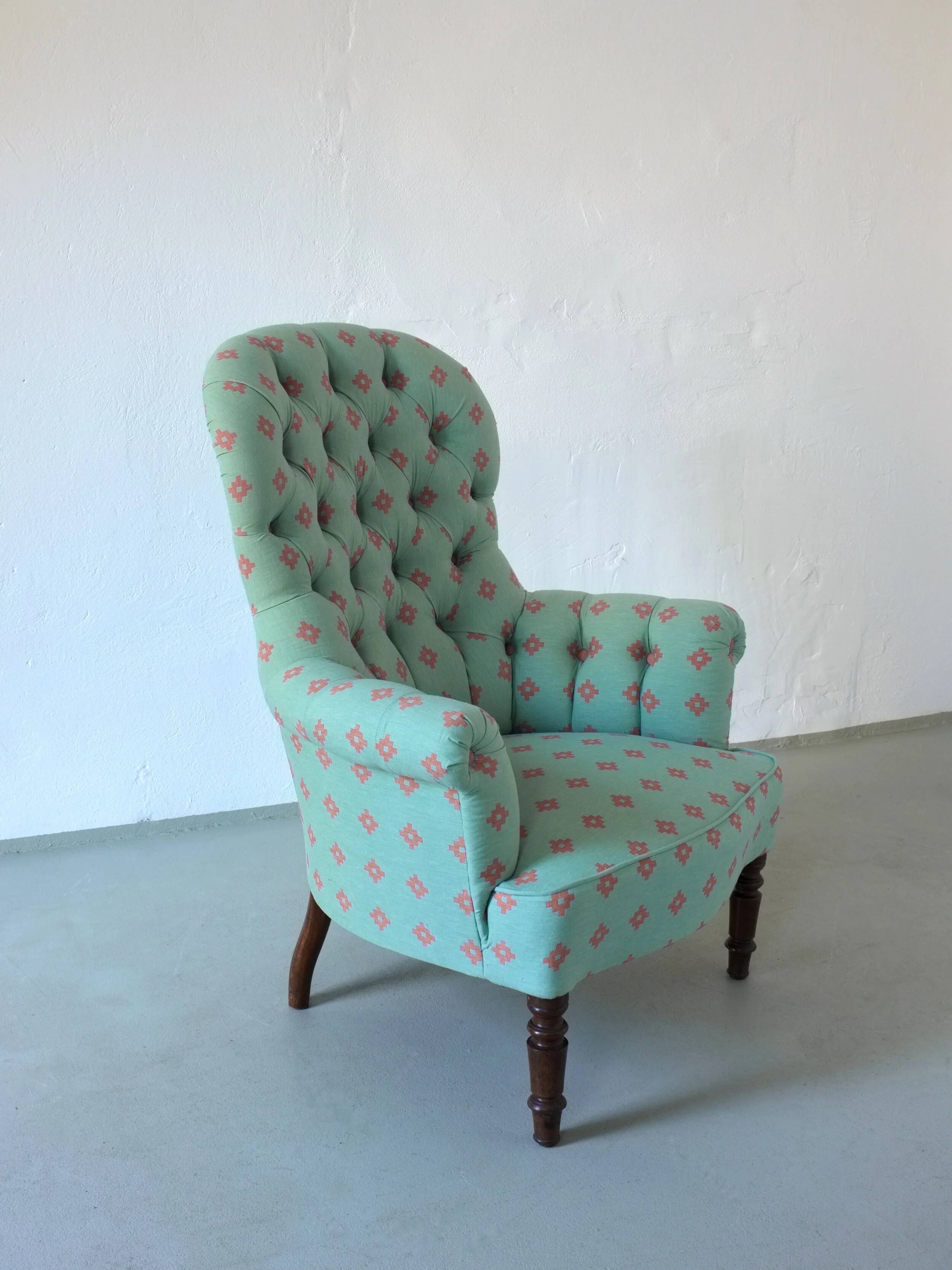 Vintage green coral button back armchair | Belgium