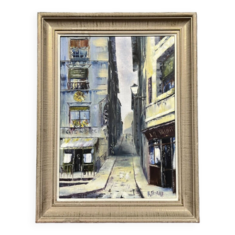 Huile sur toile, Reine Fayolle vers 1950 : vue d'une rue de Lyon